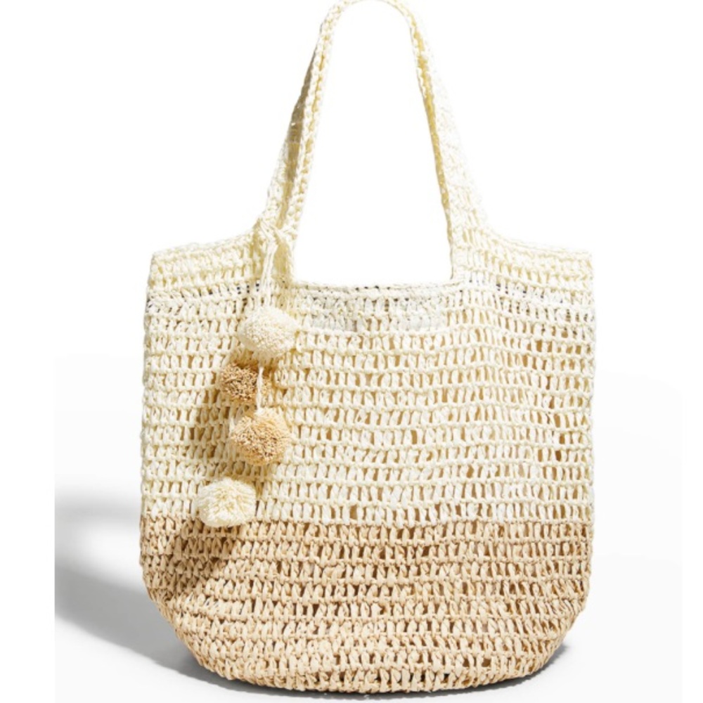BTB Los Angeles Riley Bicolor Pompom Straw Tote Bag